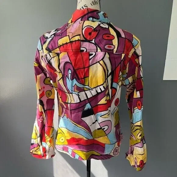Vintage 90s mirror image surrealist multi colored patterned button up jacket - Picture 2 of 11